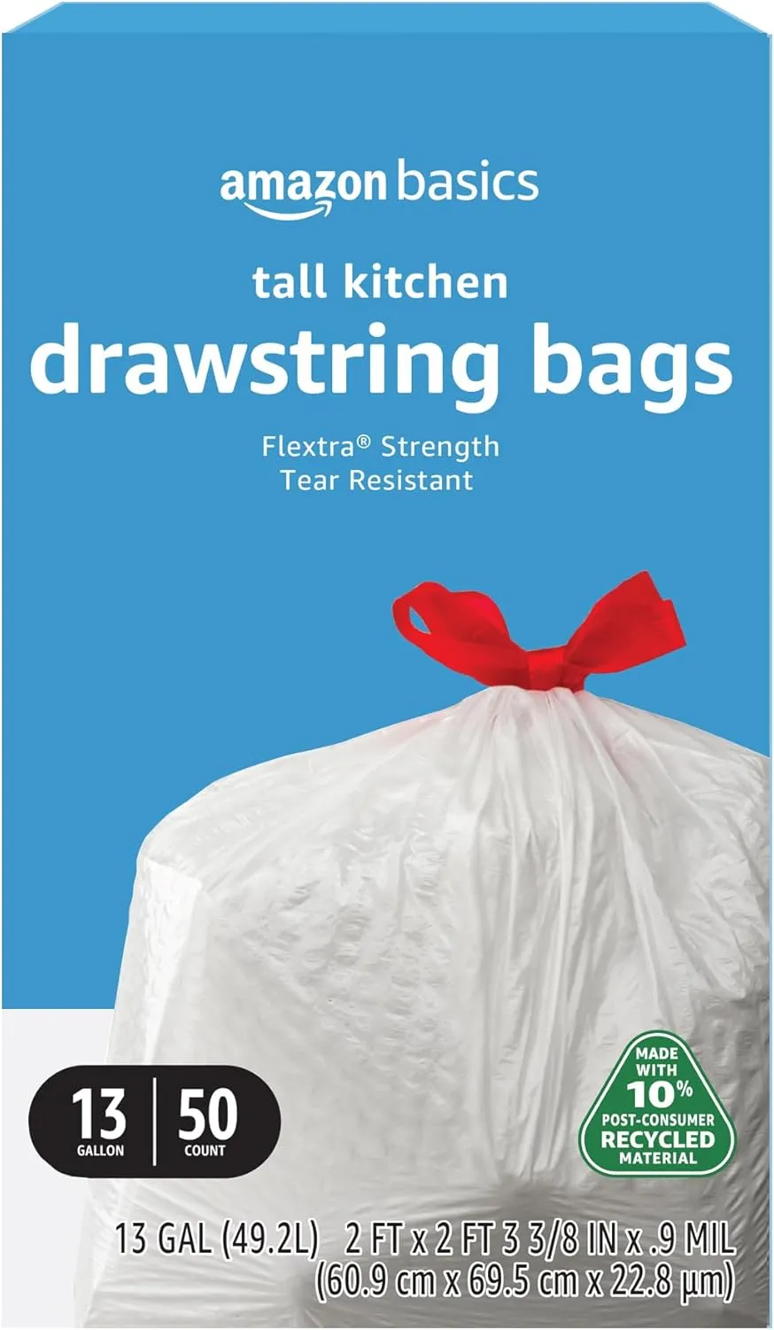 Amazon Basics 13 Gallon Flextra Strength Tall Kitchen Drawstring Trash Bags, Tear Resistant, 10% Post Consumer Recycled, 50 Count