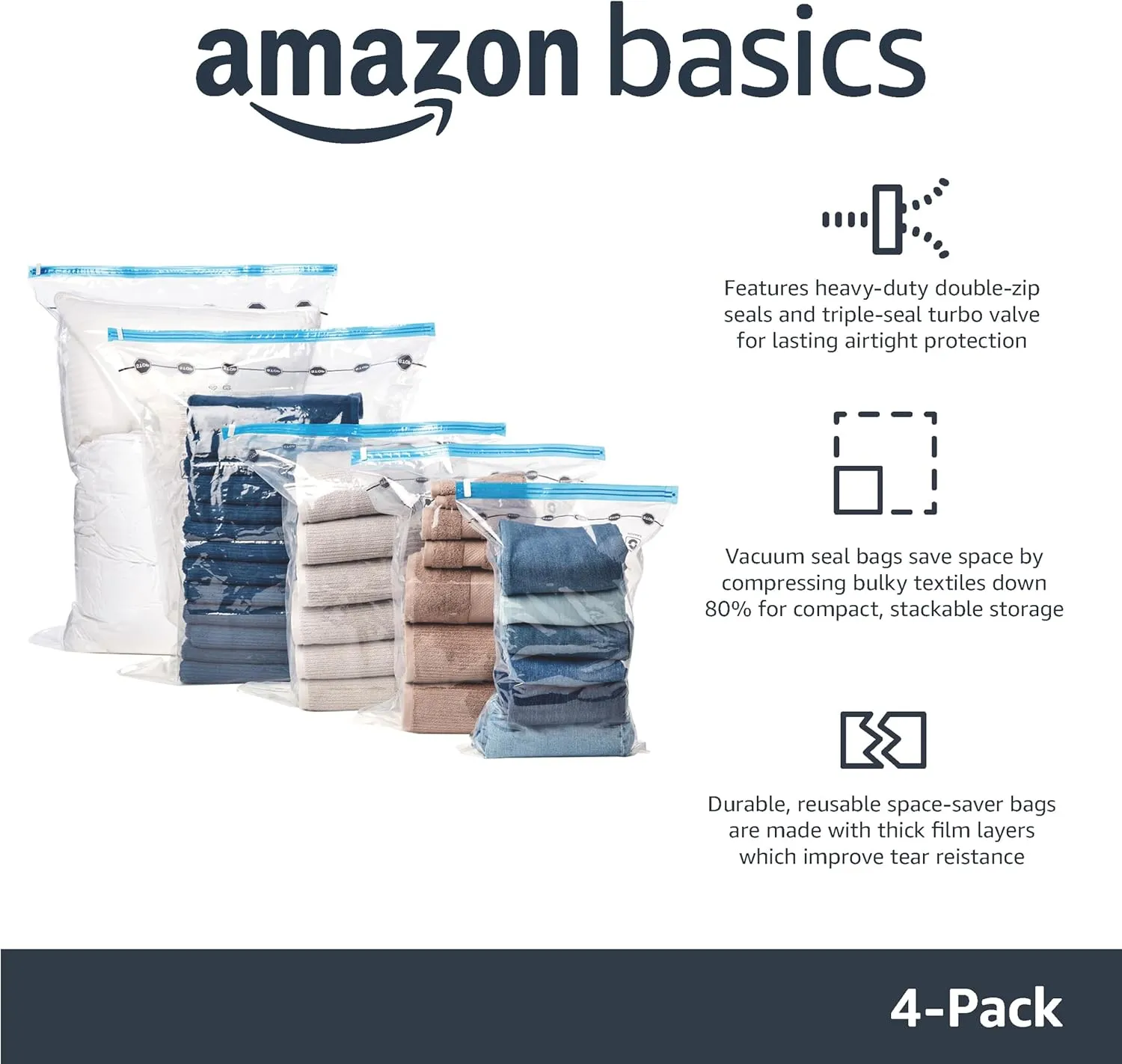 Amazon Basics Vacuum Compression Space Saver Zipper Storage Bags with Hand Pump, for Travel, X-Jumbo - Pack of 4