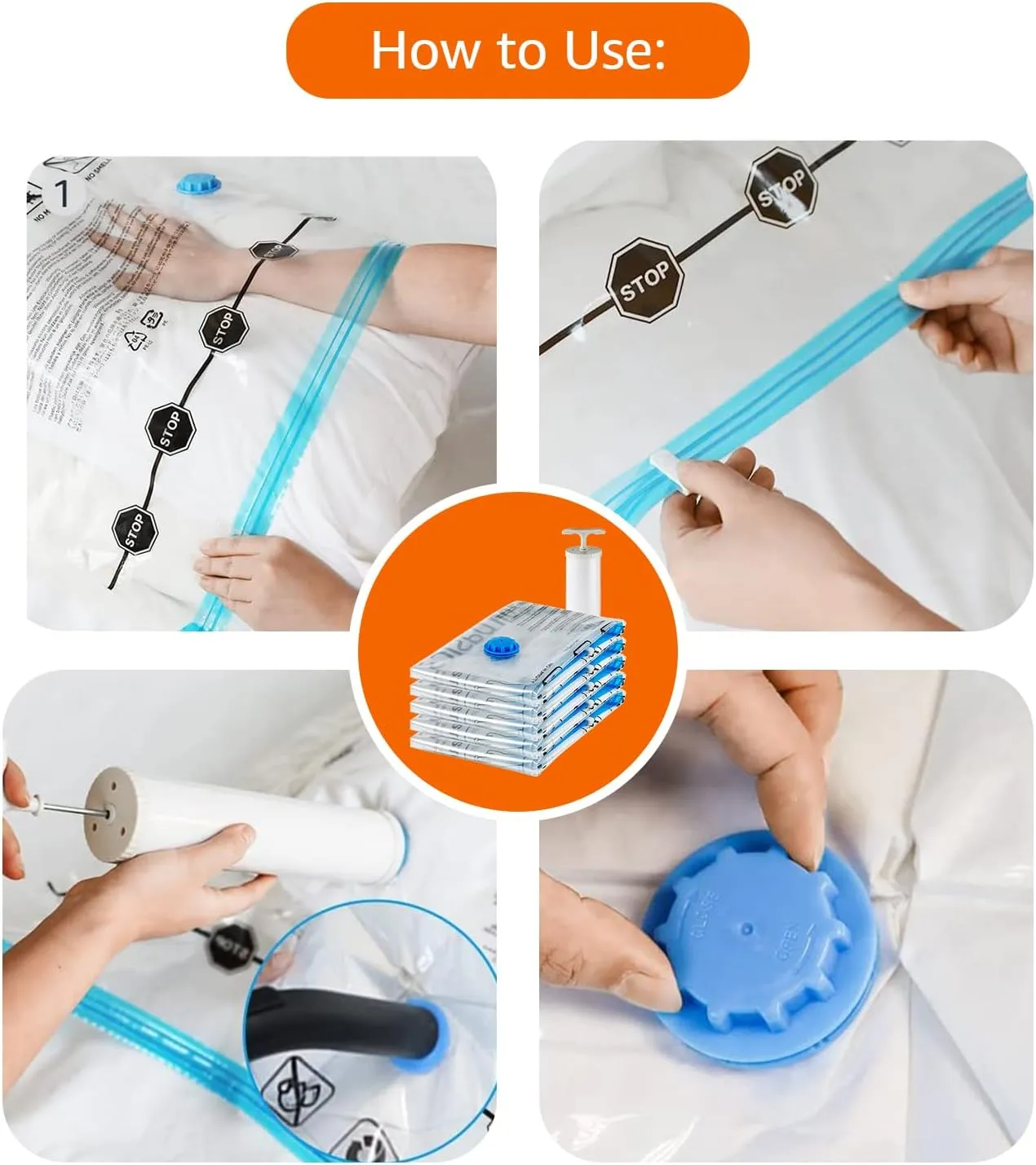 Amazon Basics Vacuum Compression Space Saving Storage Bags with Hand Pump for Travel, Multiple Sizes for Clothes and Blankets, Clear, 12 Pack (3 Small, 3 Medium, 3 Large & 3 Jumbo)