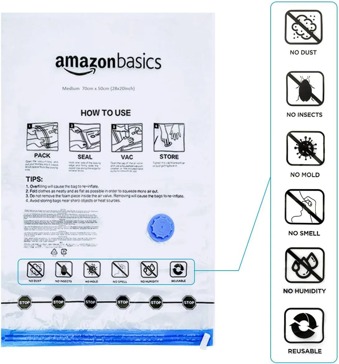 Amazon Basics Vacuum Compression Space Saving Storage Bags with Hand Pump for Travel, Multiple Sizes for Clothes and Blankets, Clear, 12 Pack (3 Small, 3 Medium, 3 Large & 3 Jumbo)