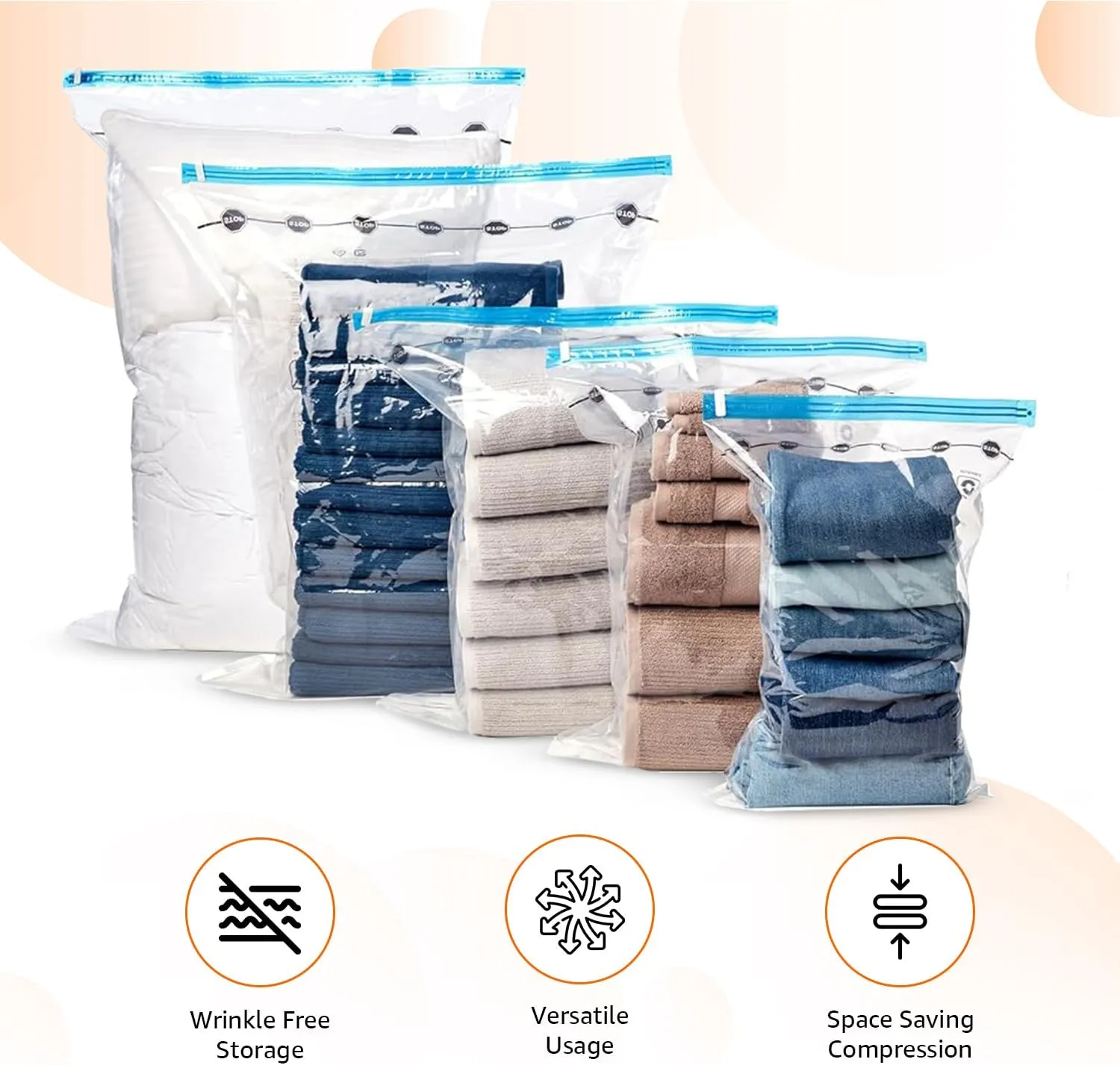 Amazon Basics Vacuum Compression Space Saving Storage Bags with Hand Pump for Travel, Multiple Sizes for Clothes and Blankets, Clear, 12 Pack (3 Small, 3 Medium, 3 Large & 3 Jumbo)