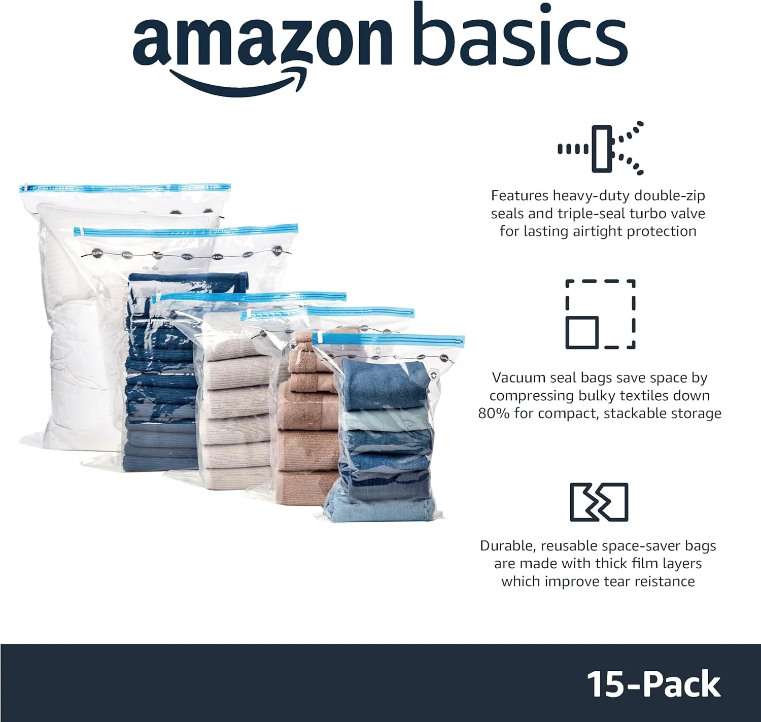 Amazon Basics Vacuum Compression Space Saving Zipper Storage Bags with Hand Pump, Multiple Sizes, Pack of 15, White