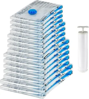 Amazon Basics Vacuum Compression Space Saving Zipper Storage Bags with Hand Pump, Multiple Sizes, Pack of 15, White