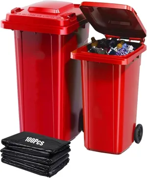 AMAZWI Outdoor Garbage Can 18/22/27/53 Gallon Large Kitchen Trash Can Terrace Patio Garbage Can Outdoor Wheeled Trash Container with Lid ＆ 100-Pcs Storage Bag for Outdoor Backyard(Red,18 Gallon)