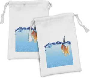 Ambesonne Goldfish Fabric Pouch Set of 2, Small Fish with Ambitions of a Big Shark Business Concept, Small Drawstring Bag for Toiletries Masks and Favors, 9" x 6", Pale Blue Navy Blue