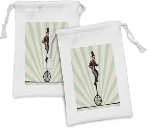 Ambesonne Retro Fabric Pouch Set of 2, Vintage Inspired Circus Man on Monowheel Bike with Sun Rays, Small Drawstring Bag for Toiletries Masks and Favors, 9" x 6", Eggshell Pale Green