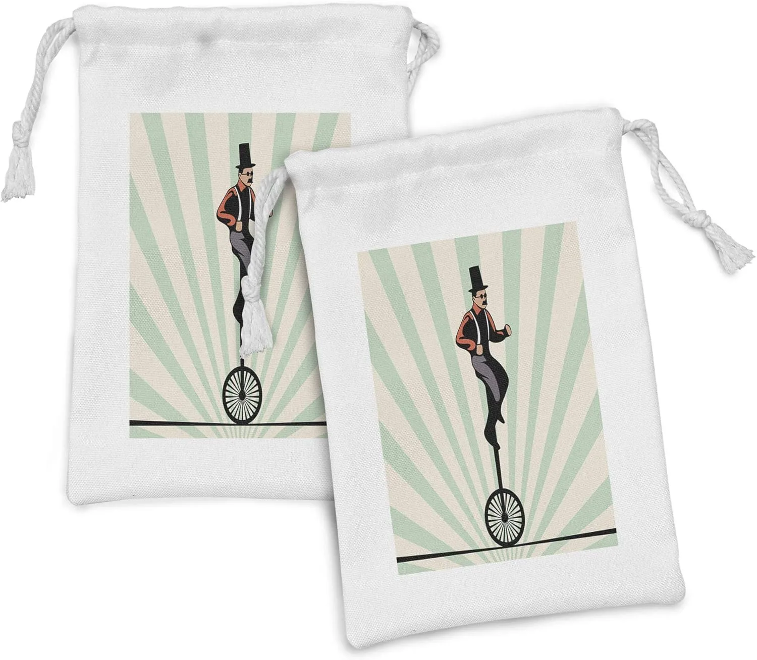 Ambesonne Retro Fabric Pouch Set of 2, Vintage Inspired Circus Man on Monowheel Bike with Sun Rays, Small Drawstring Bag for Toiletries Masks and Favors, 9" x 6", Eggshell Pale Green