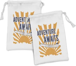 Ambesonne Saying Fabric Pouch Set of 2, Commercial Airplane Rising Sun Adventure Words Aviation Journey Print, Small Drawstring Bag for Toiletries Masks and Favors, 9" x 6", Navy Blue Orange