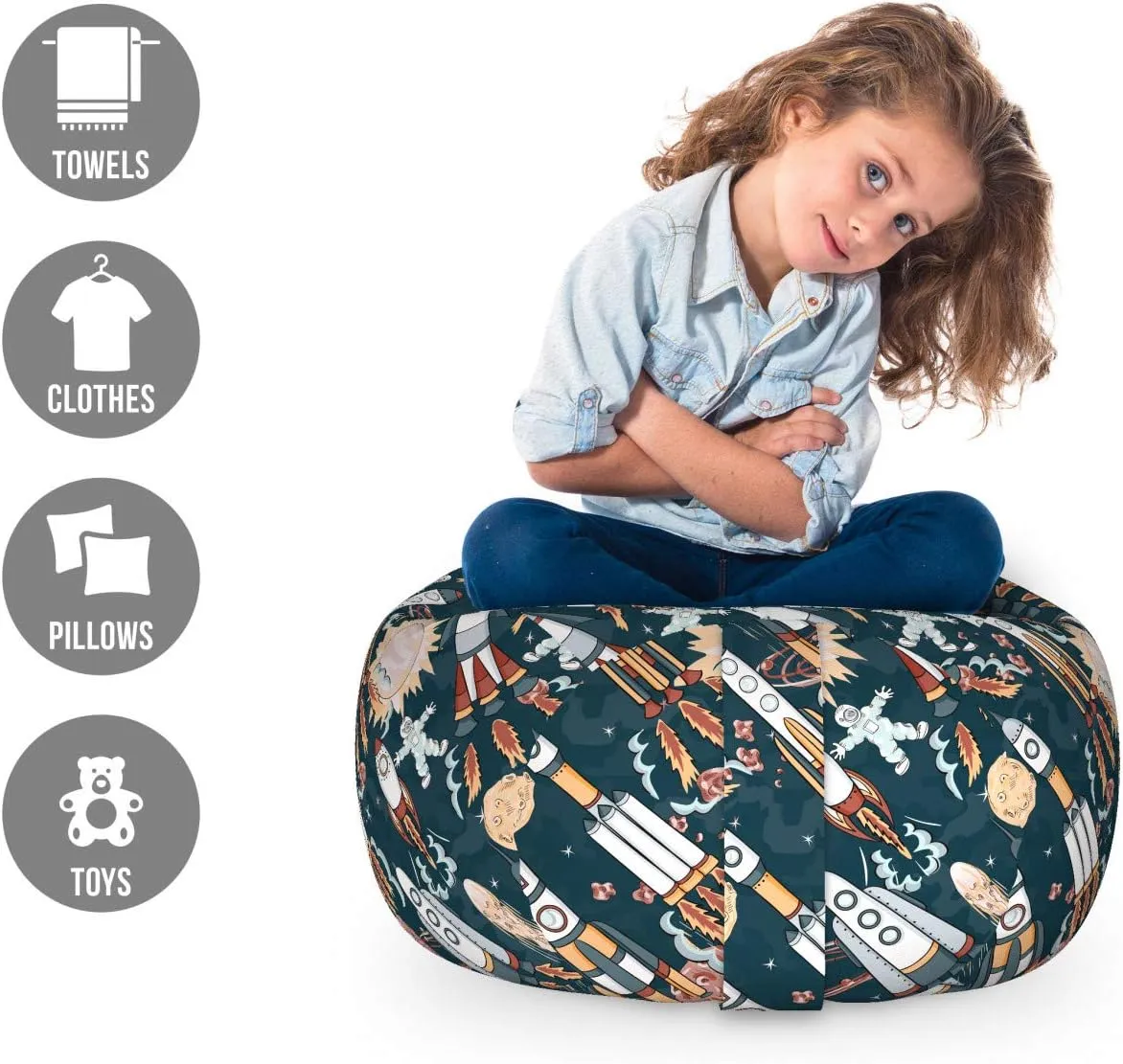 Ambesonne Spaceship Storage Toy Bag Chair, Hand Drawn Space Exploration Themed Cartoon Drawing Style Image Alien Planets, Stuffed Animal Organizer Washable Bag, Small Size, Navy Blue