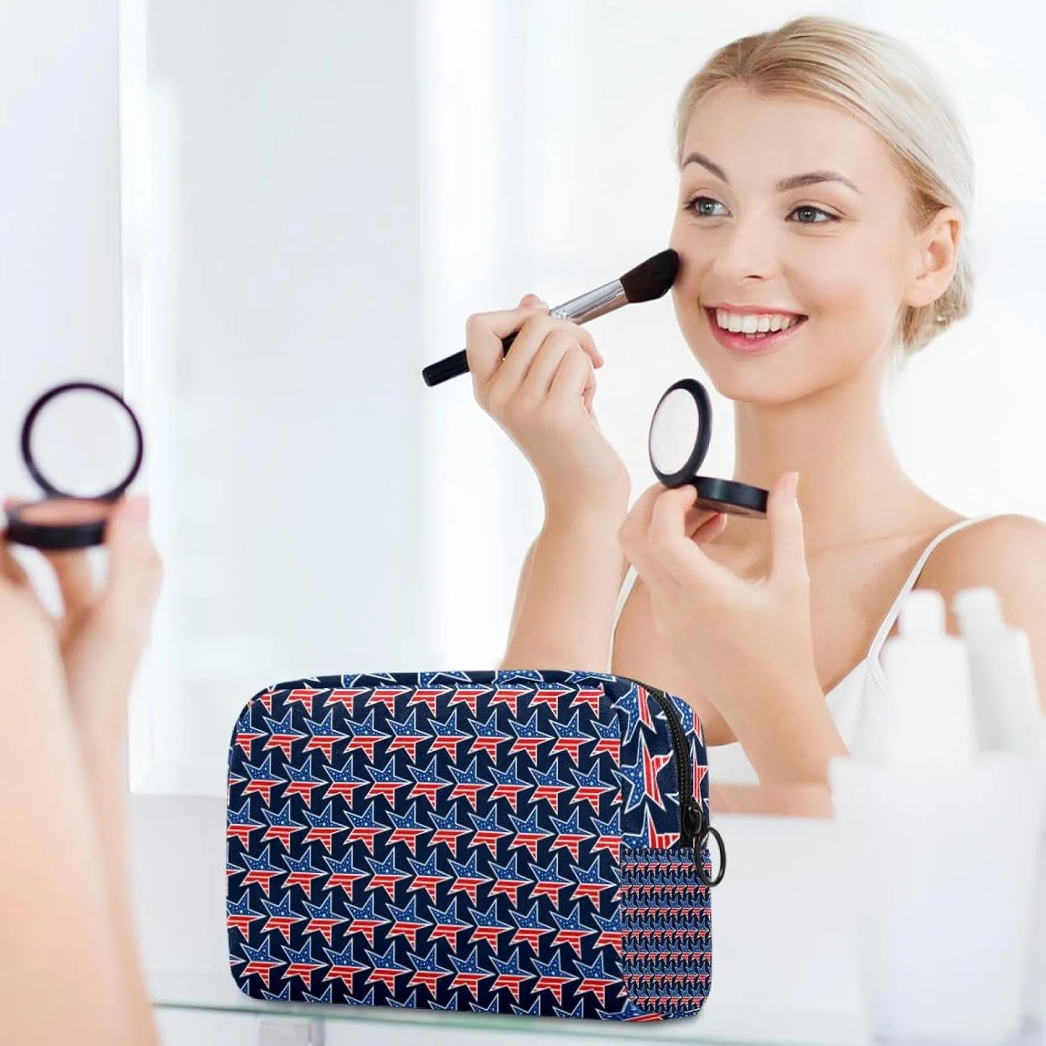 America Stars Pattern Blue Red Cosmetic Makeup Bags, Small Travel Zipper Pouch Portable Toiletry Bag Makeup Organizer for Women Teen Girls