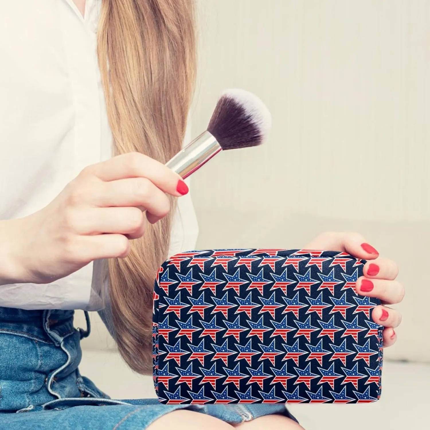 America Stars Pattern Blue Red Cosmetic Makeup Bags, Small Travel Zipper Pouch Portable Toiletry Bag Makeup Organizer for Women Teen Girls