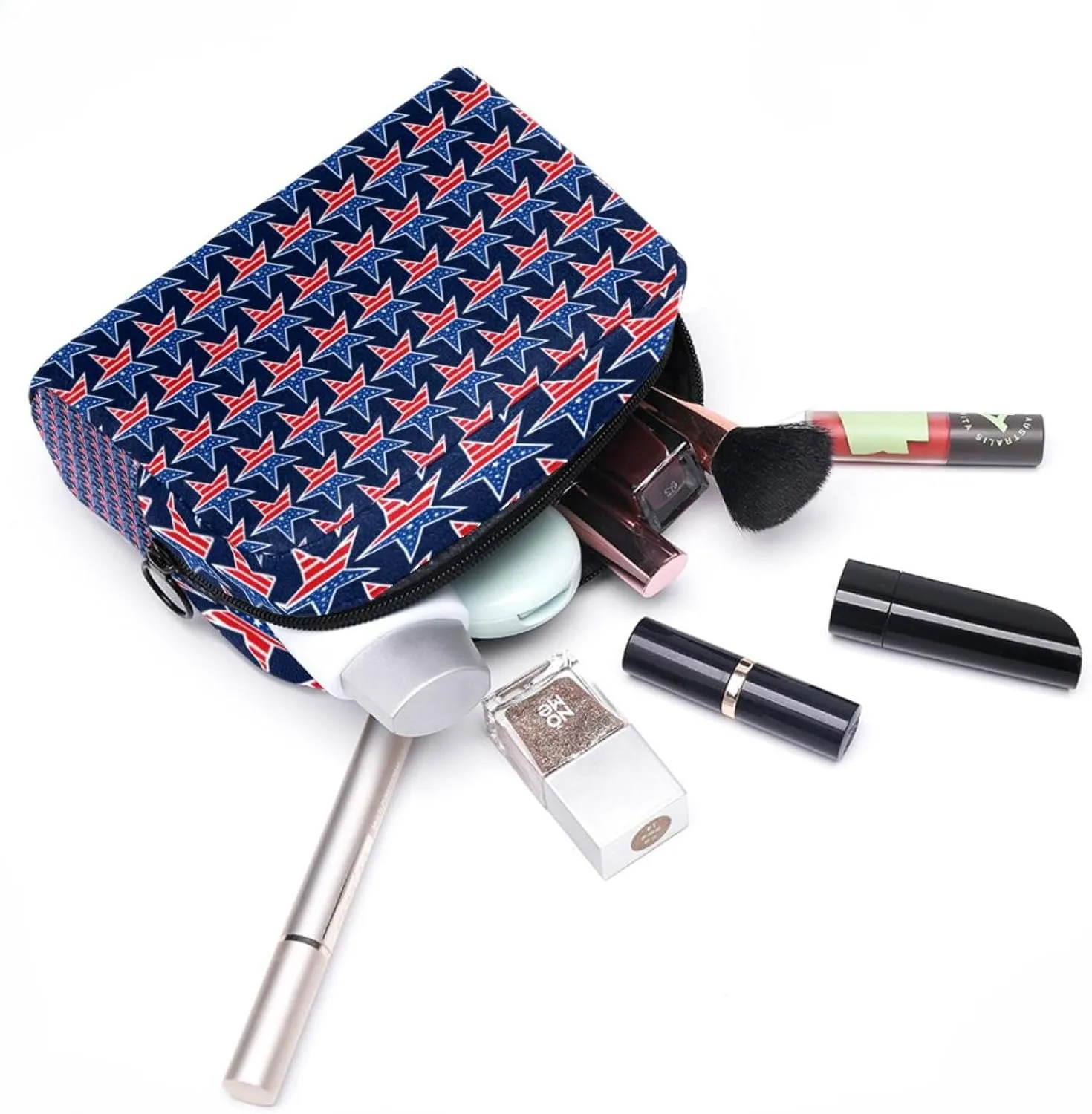 America Stars Pattern Blue Red Cosmetic Makeup Bags, Small Travel Zipper Pouch Portable Toiletry Bag Makeup Organizer for Women Teen Girls