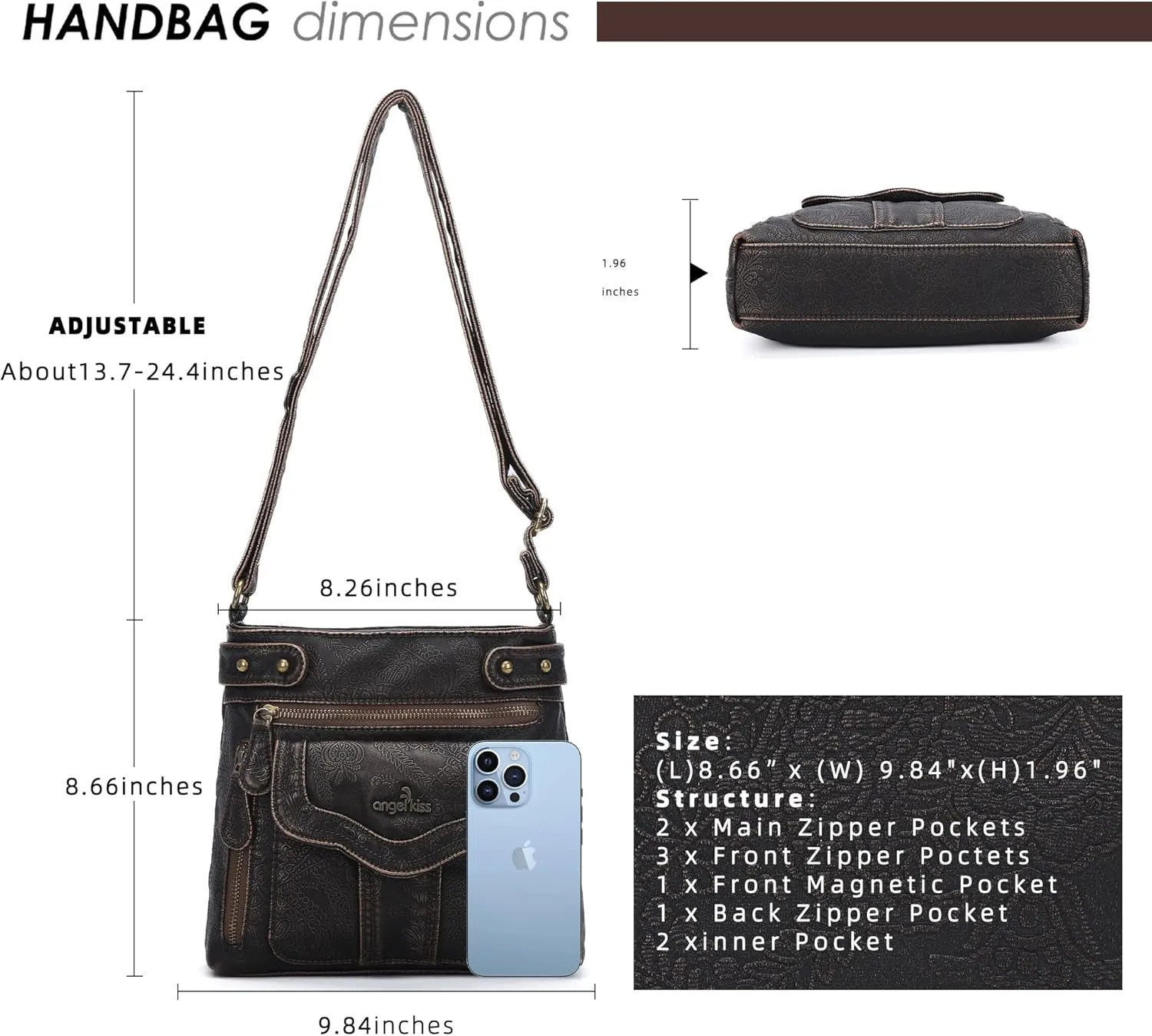 Angel Kiss Crossbody Purse for Women Multi Pockets Bags Retro Vegan Designer Leather Women's Shoulder Handbags