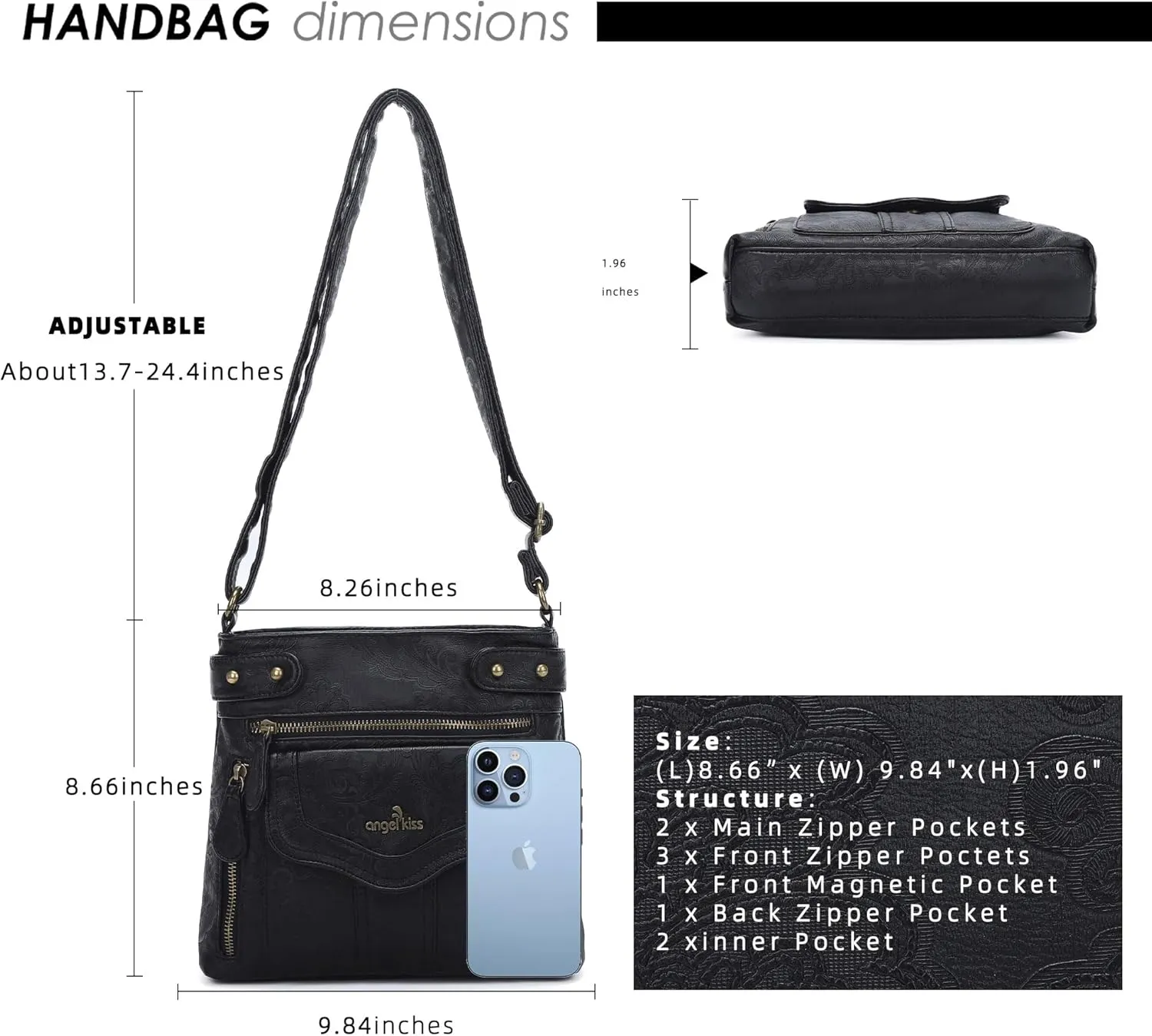 Angel Kiss Crossbody Purse for Women Multi Pockets Bags Retro Vegan Designer Leather Women's Shoulder Handbags
