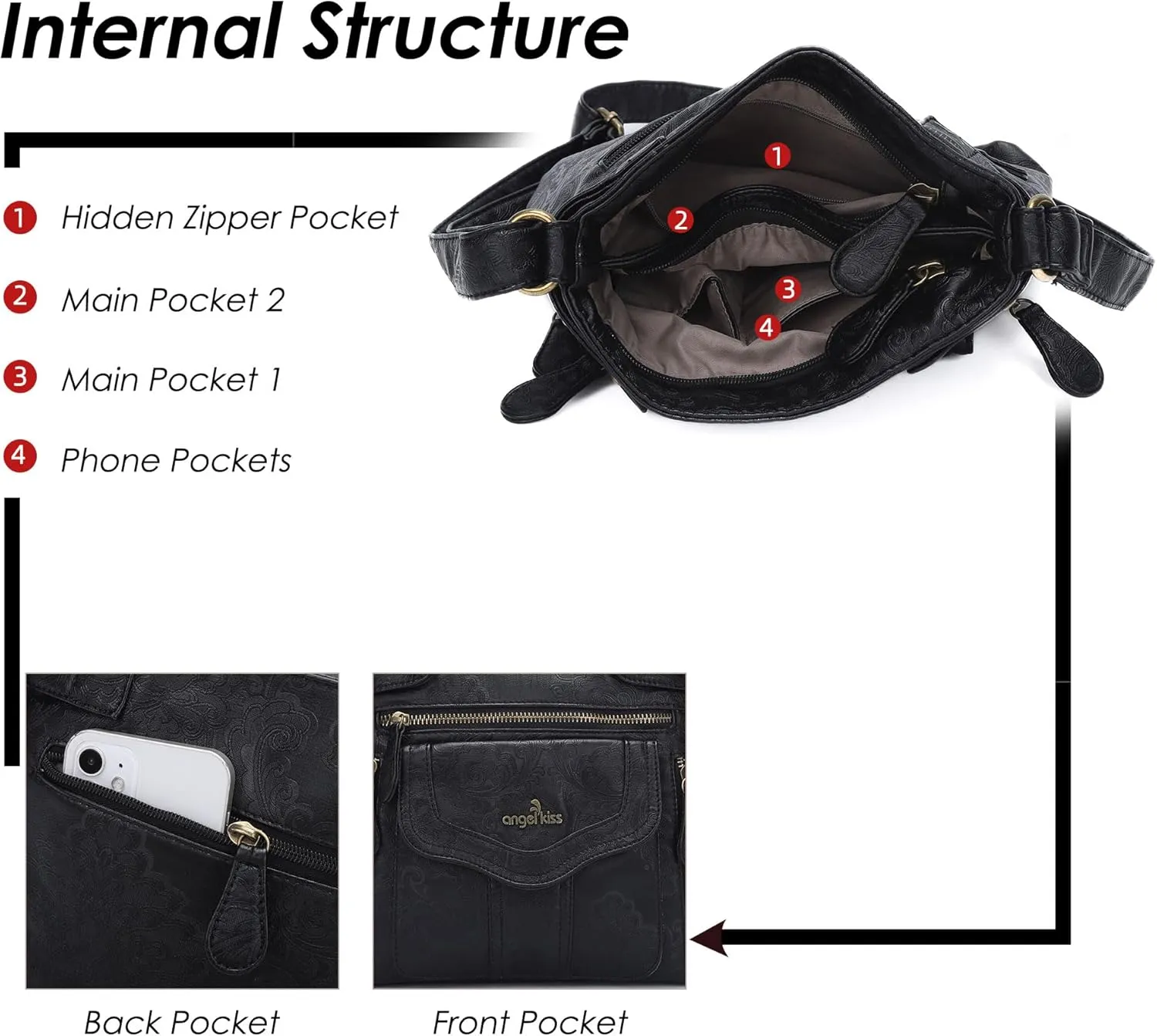 Angel Kiss Crossbody Purse for Women Multi Pockets Bags Retro Vegan Designer Leather Women's Shoulder Handbags