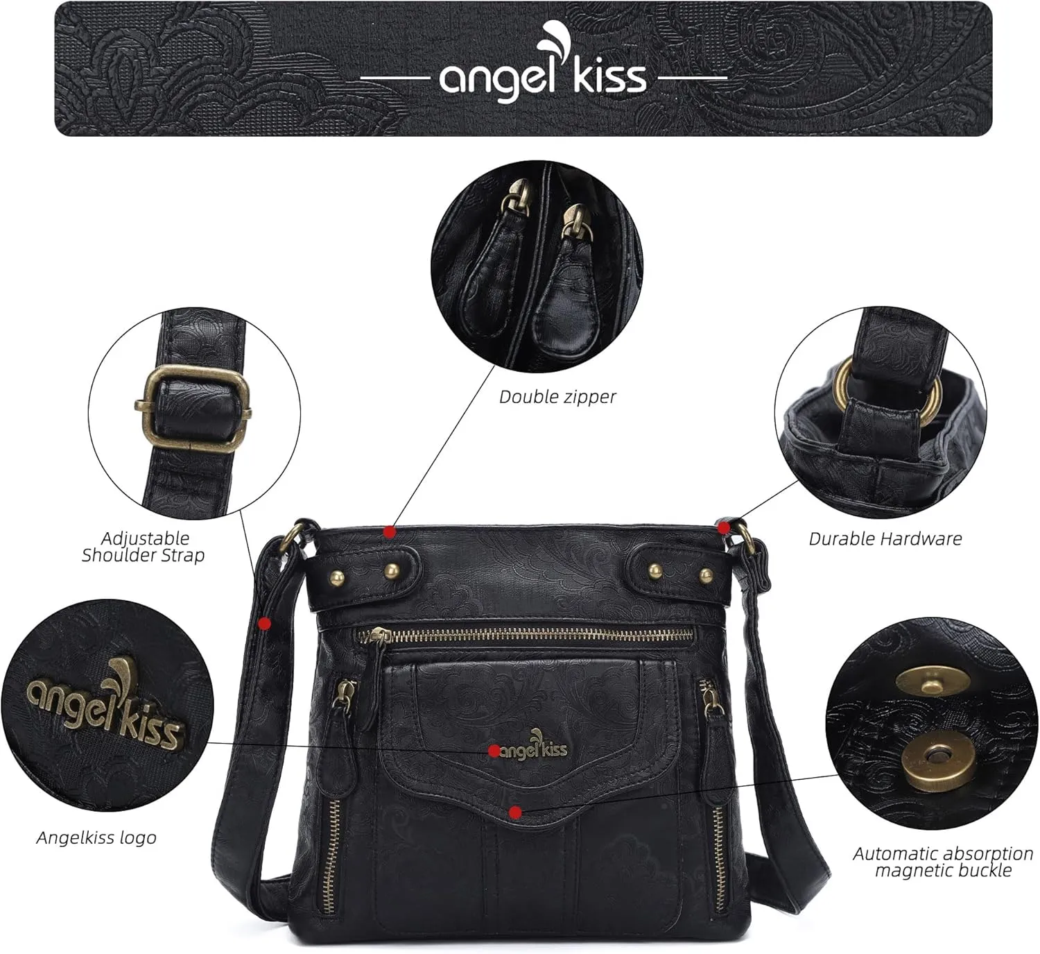 Angel Kiss Crossbody Purse for Women Multi Pockets Bags Retro Vegan Designer Leather Women's Shoulder Handbags