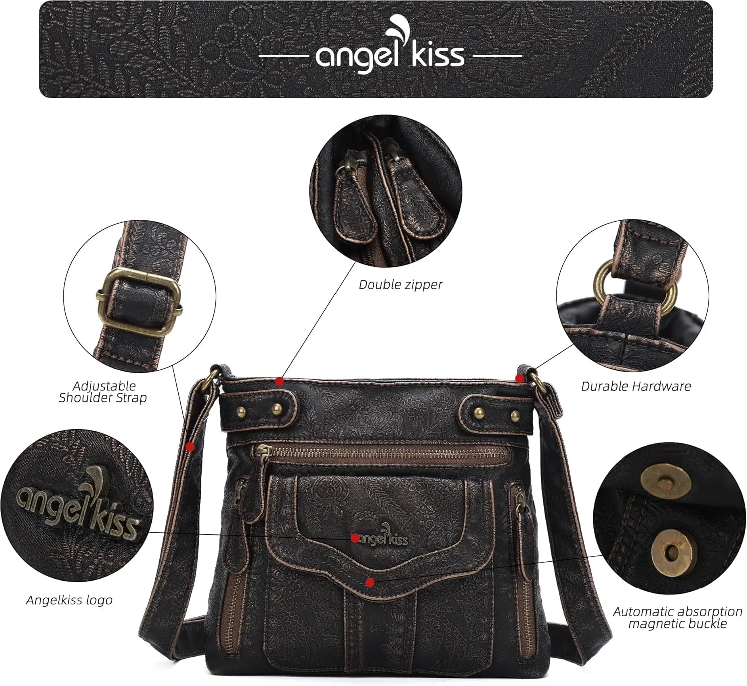 Angel Kiss Crossbody Purse for Women Multi Pockets Bags Retro Vegan Designer Leather Women's Shoulder Handbags