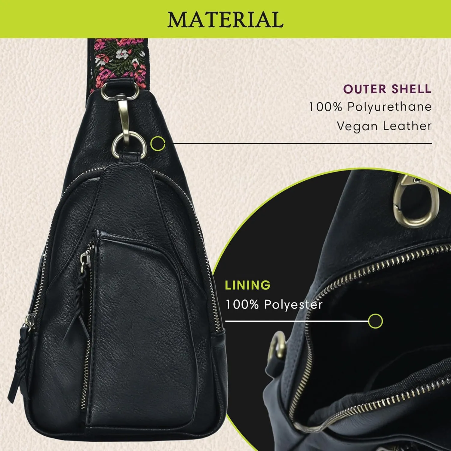 Antik Kraft Tasha Webbing Strap Sling (Black) | Vegan Leather Crossbody Bag for Women with 16-20" Strap | Sling Bags for Women with Durable Antique Brass Hardware | 7in x 2.5in x 12.5in |