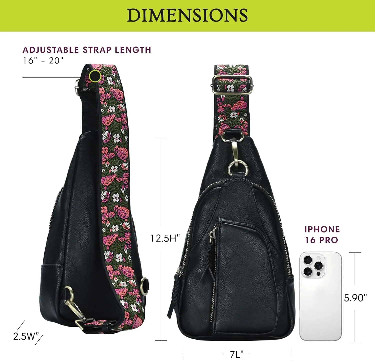 Antik Kraft Tasha Webbing Strap Sling (Black) | Vegan Leather Crossbody Bag for Women with 16-20" Strap | Sling Bags for Women with Durable Antique Brass Hardware | 7in x 2.5in x 12.5in |