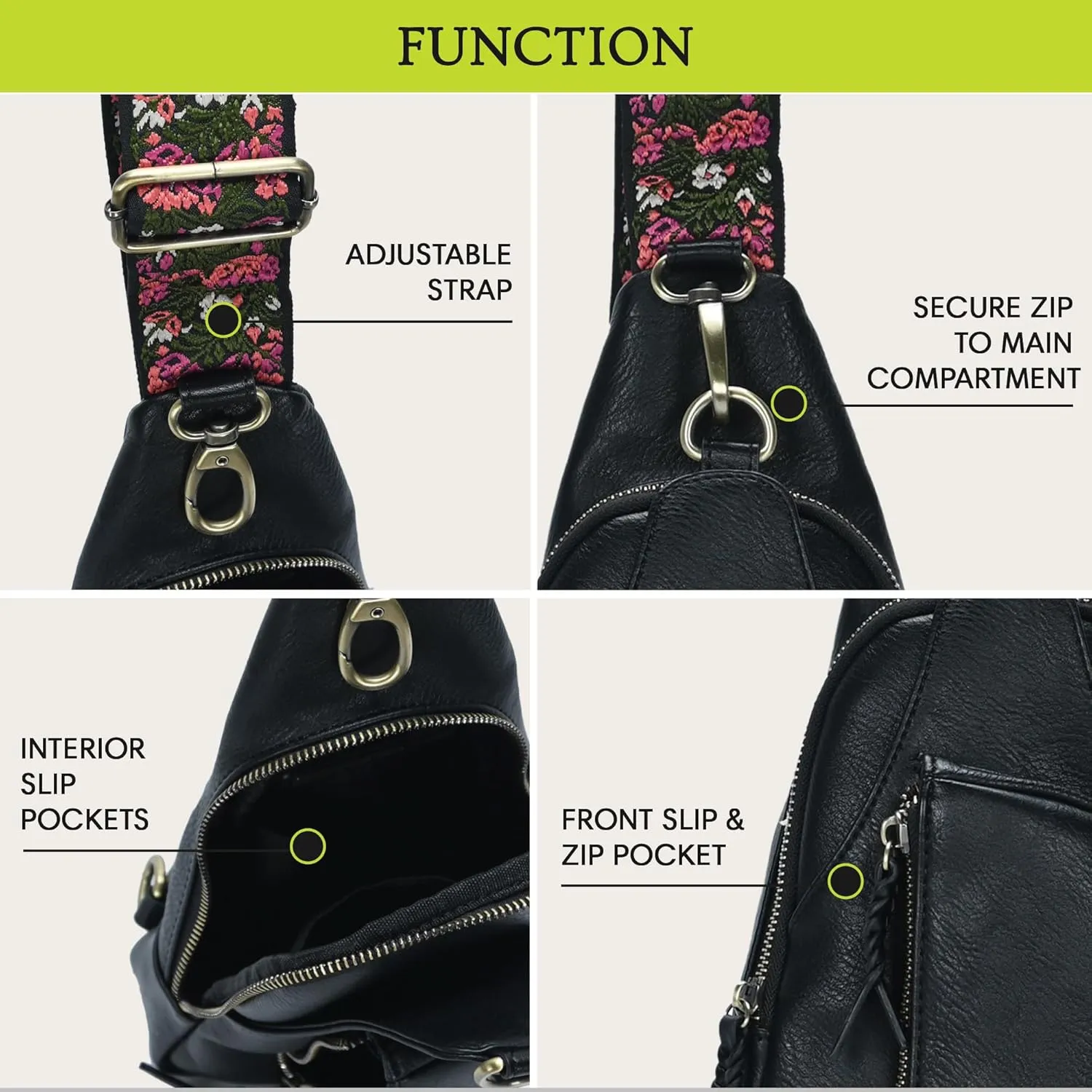 Antik Kraft Tasha Webbing Strap Sling (Black) | Vegan Leather Crossbody Bag for Women with 16-20" Strap | Sling Bags for Women with Durable Antique Brass Hardware | 7in x 2.5in x 12.5in |
