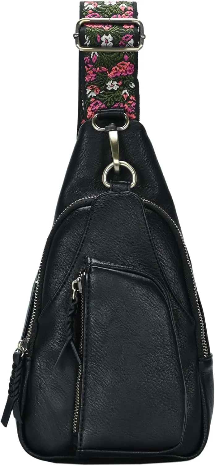 Antik Kraft Tasha Webbing Strap Sling (Black) | Vegan Leather Crossbody Bag for Women with 16-20" Strap | Sling Bags for Women with Durable Antique Brass Hardware | 7in x 2.5in x 12.5in |