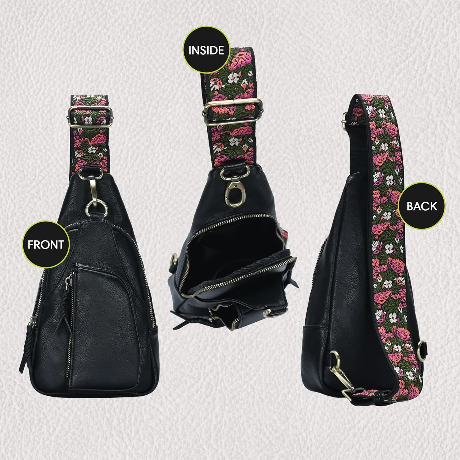Antik Kraft Tasha Webbing Strap Sling (Black) | Vegan Leather Crossbody Bag for Women with 16-20" Strap | Sling Bags for Women with Durable Antique Brass Hardware | 7in x 2.5in x 12.5in |