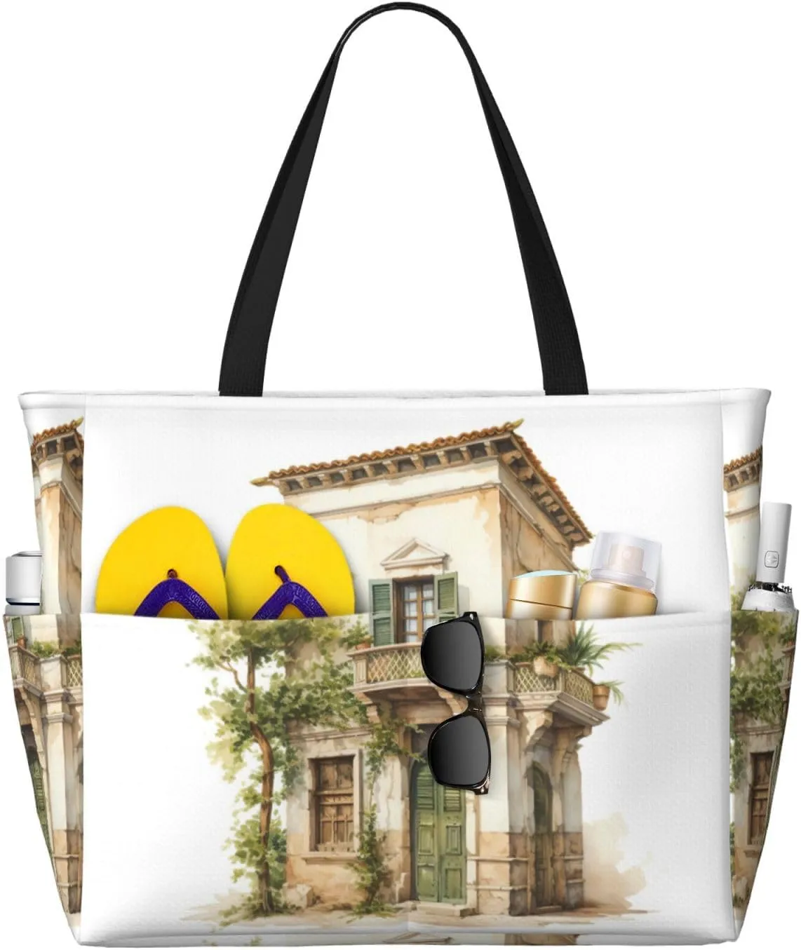 Antique Building With Roman Olive Branch And Greek Print Large Capacity Tote Bags Waterproof Sandproof Beach Gym Travel Vacation Picnic