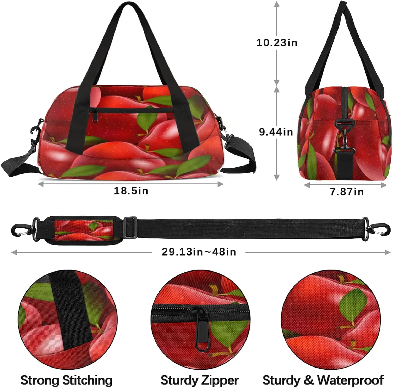 Apples Pattern Kids Duffel Bag Lightweight Waterproof Sports Gym Bag with Front Zipper Pocket Foldable Weekender Overnight Bag for School Practice Gymnastic Ballet
