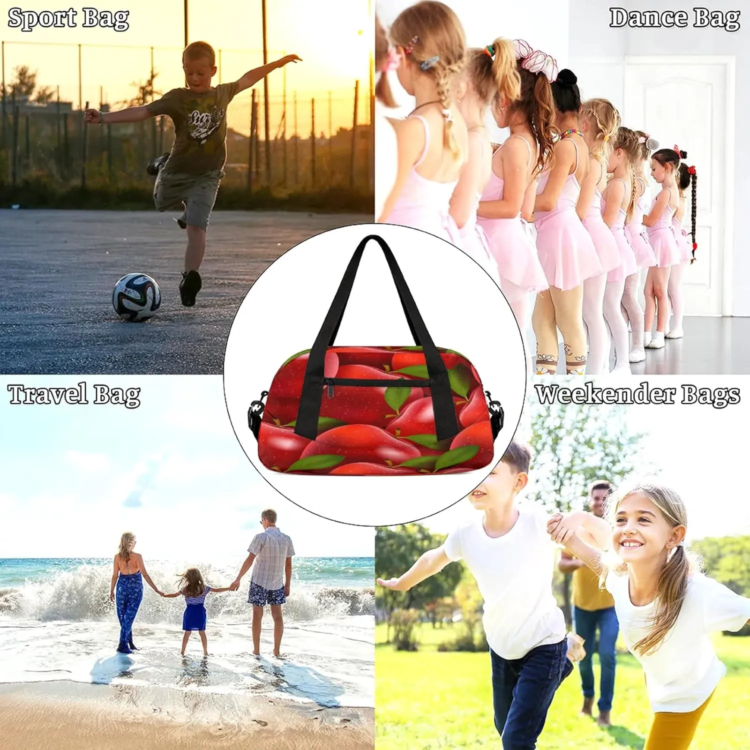 Apples Pattern Kids Duffel Bag Lightweight Waterproof Sports Gym Bag with Front Zipper Pocket Foldable Weekender Overnight Bag for School Practice Gymnastic Ballet