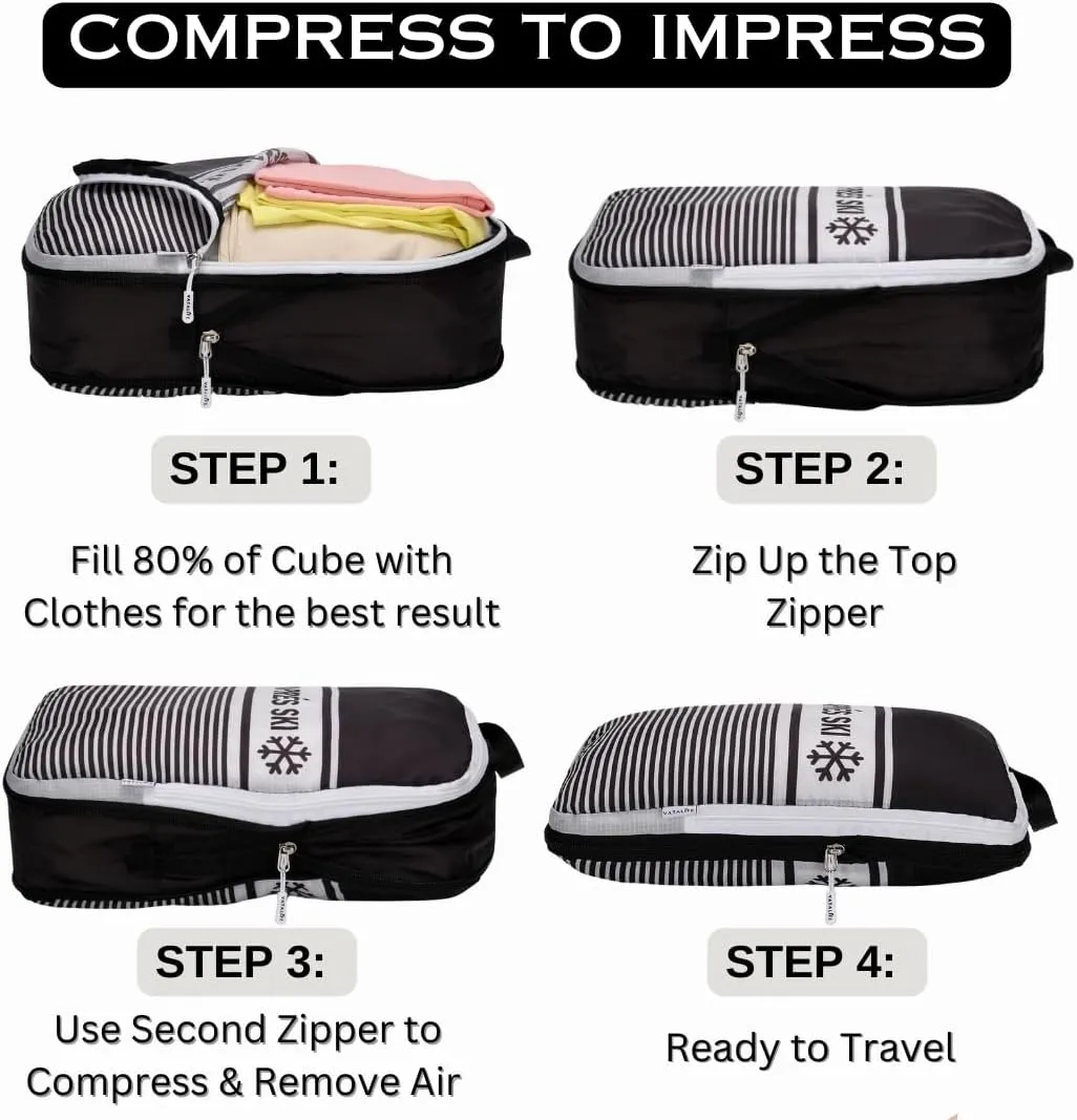 Apres Ski Packing Cubes Organizer Bags for Suitcase & Backpack, Compression Packing Cubes for Travel, Lightweight Luggage Organizers, Travel Cubes, Vacation Essentials, 3pc Set, Black Apres Ski