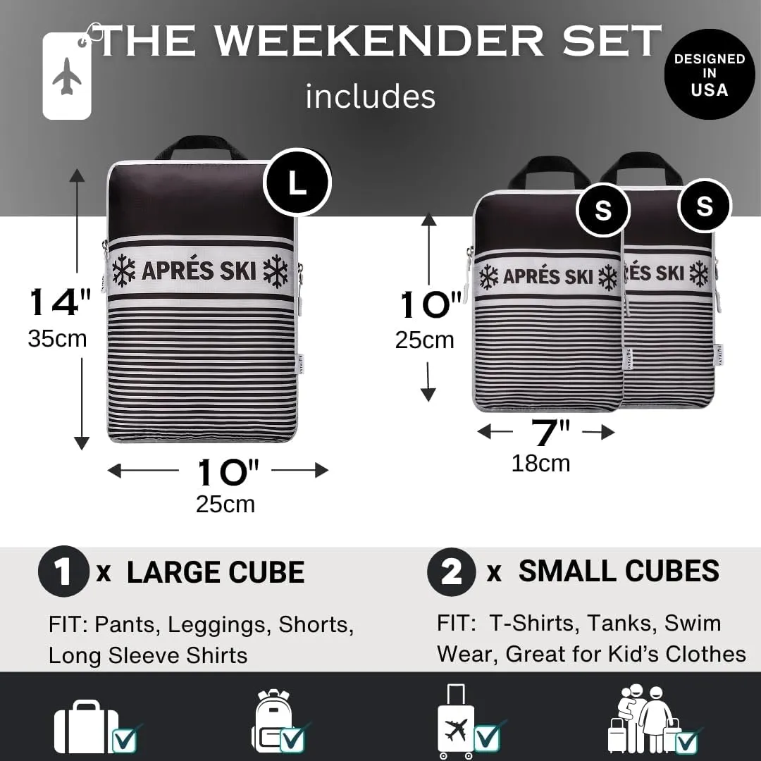 Apres Ski Packing Cubes Organizer Bags for Suitcase & Backpack, Compression Packing Cubes for Travel, Lightweight Luggage Organizers, Travel Cubes, Vacation Essentials, 3pc Set, Black Apres Ski