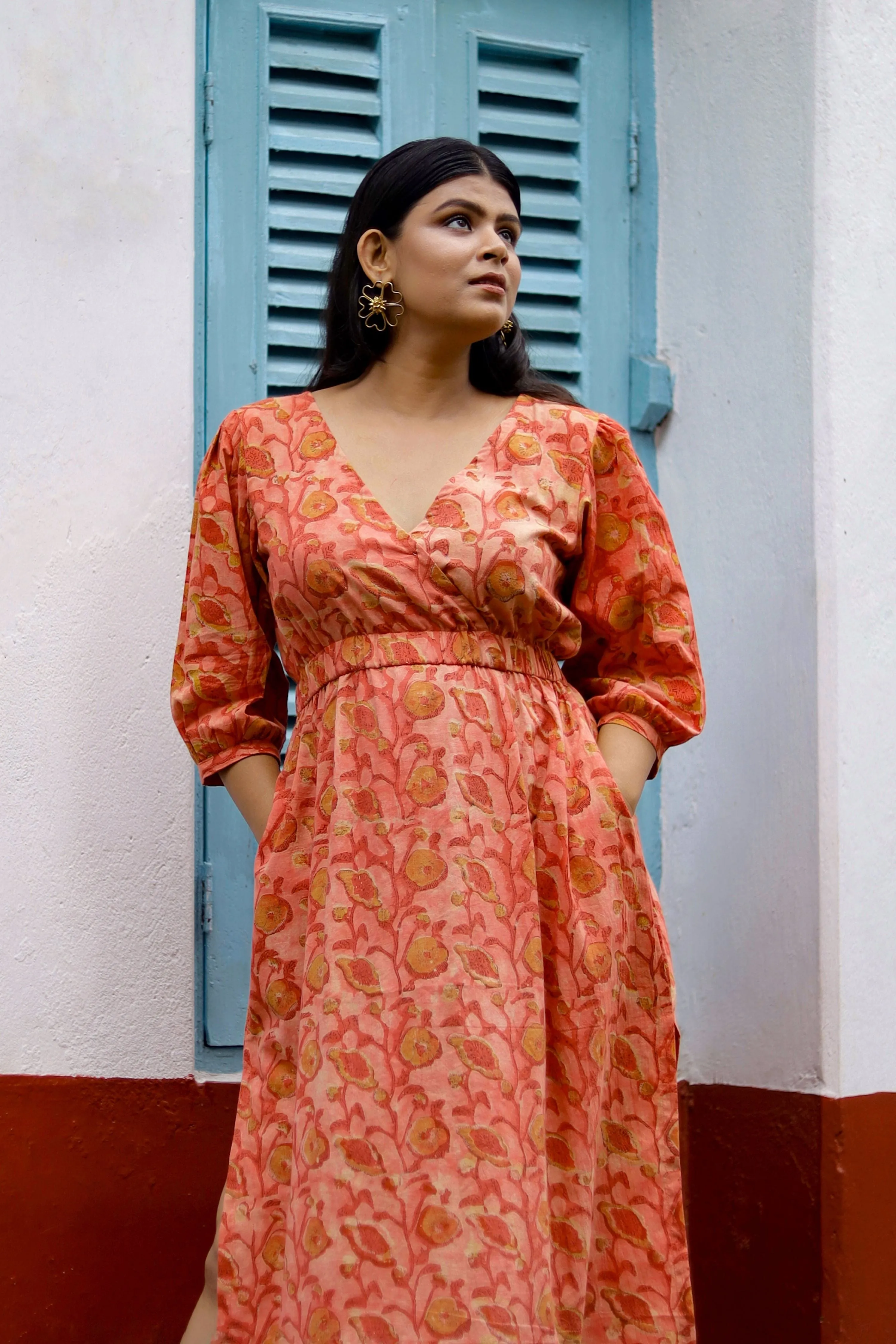 Arohi- V Neck Puffed Sleeve Cotton Dress