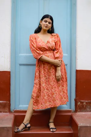 Arohi- V Neck Puffed Sleeve Cotton Dress