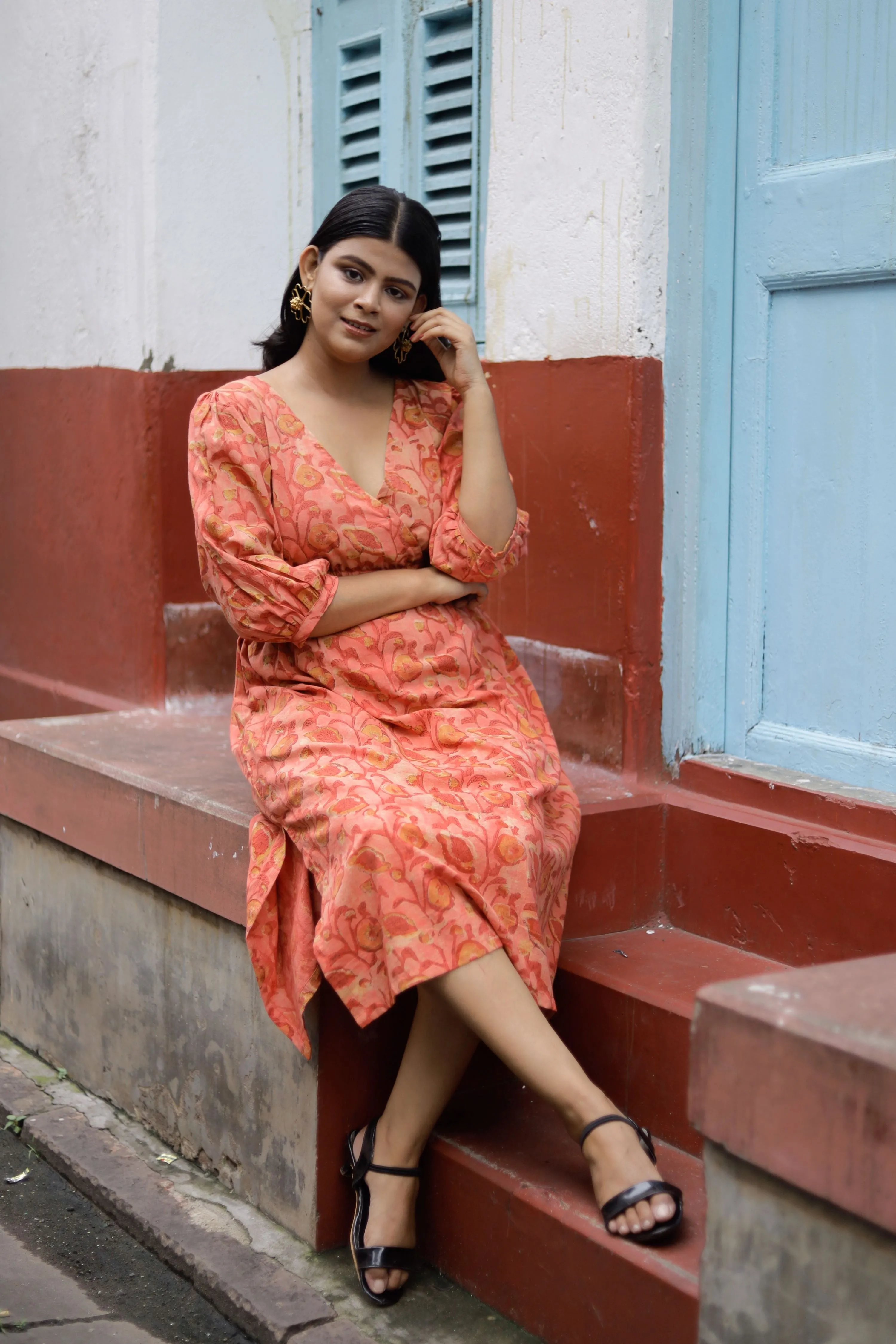 Arohi- V Neck Puffed Sleeve Cotton Dress