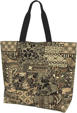 ASYG Hawaiian Flower Tote Shoulder Bag Tribe Pattern Grocery Bags Storage Handle Shopping Bag