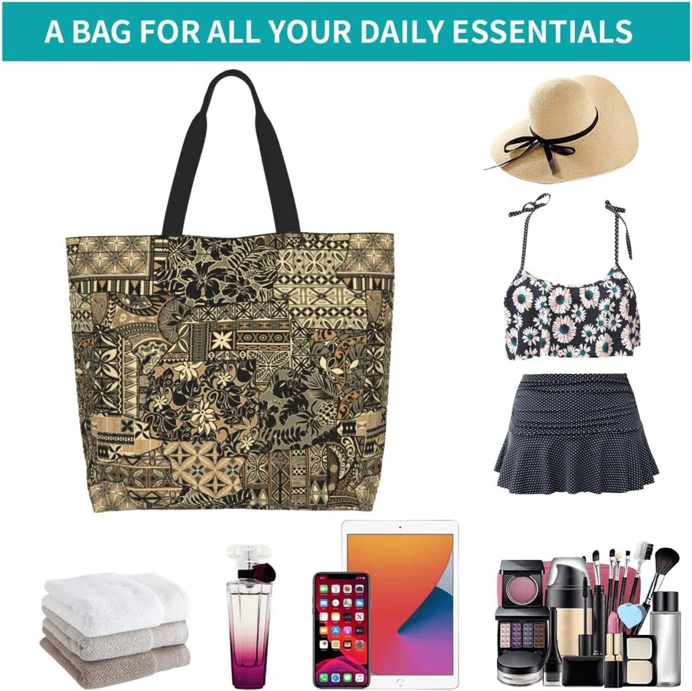 ASYG Hawaiian Flower Tote Shoulder Bag Tribe Pattern Grocery Bags Storage Handle Shopping Bag