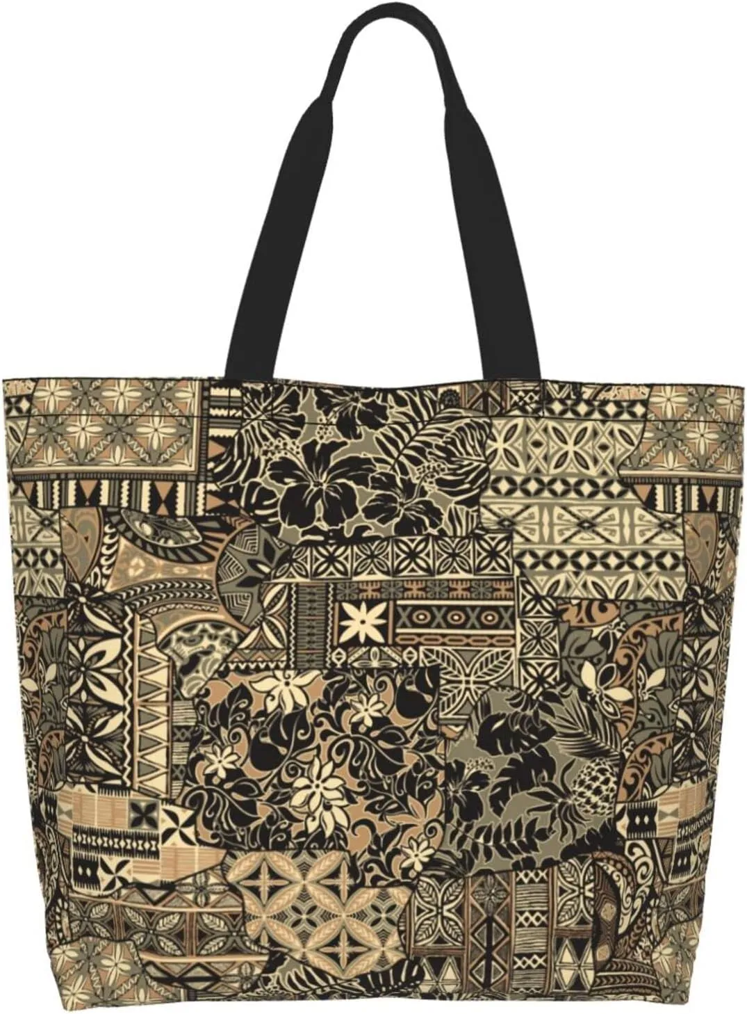 ASYG Hawaiian Flower Tote Shoulder Bag Tribe Pattern Grocery Bags Storage Handle Shopping Bag
