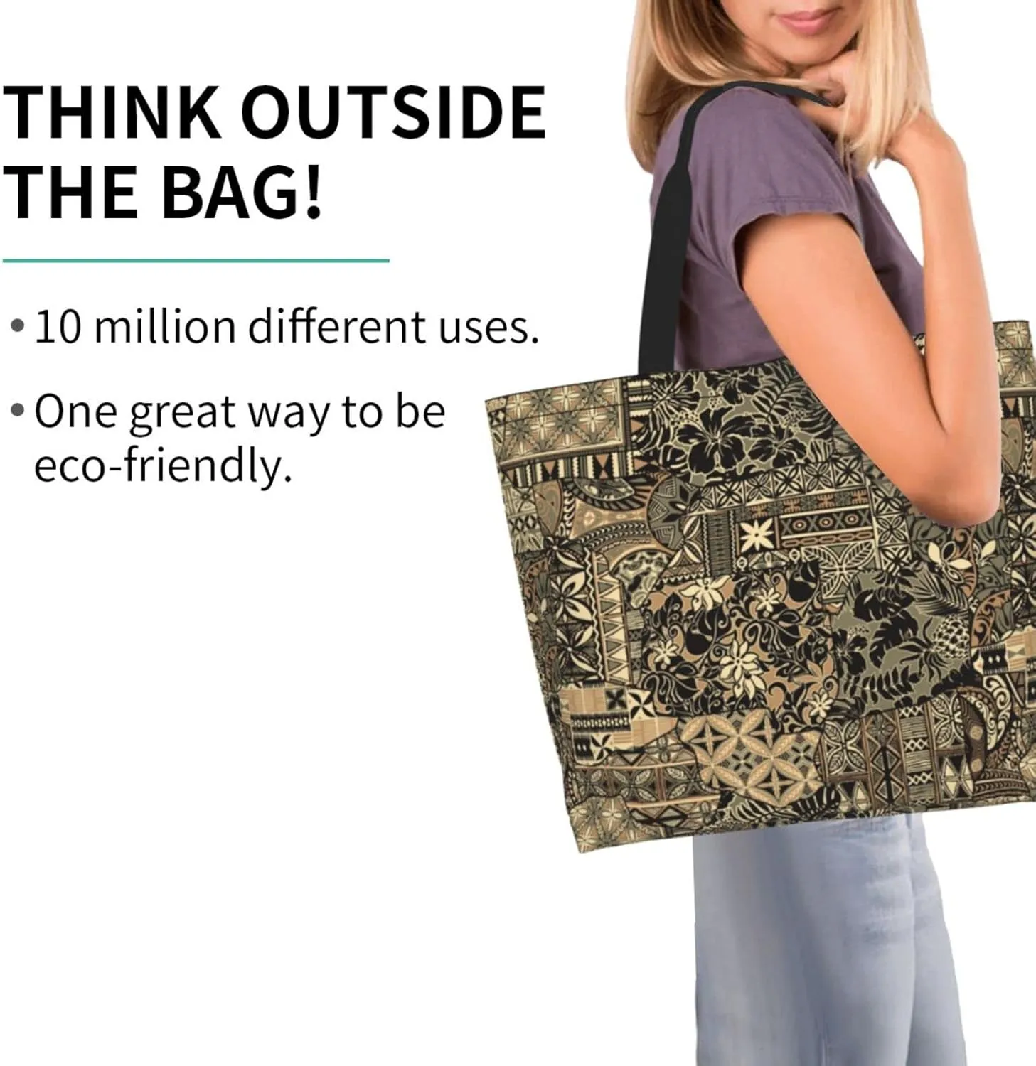 ASYG Hawaiian Flower Tote Shoulder Bag Tribe Pattern Grocery Bags Storage Handle Shopping Bag