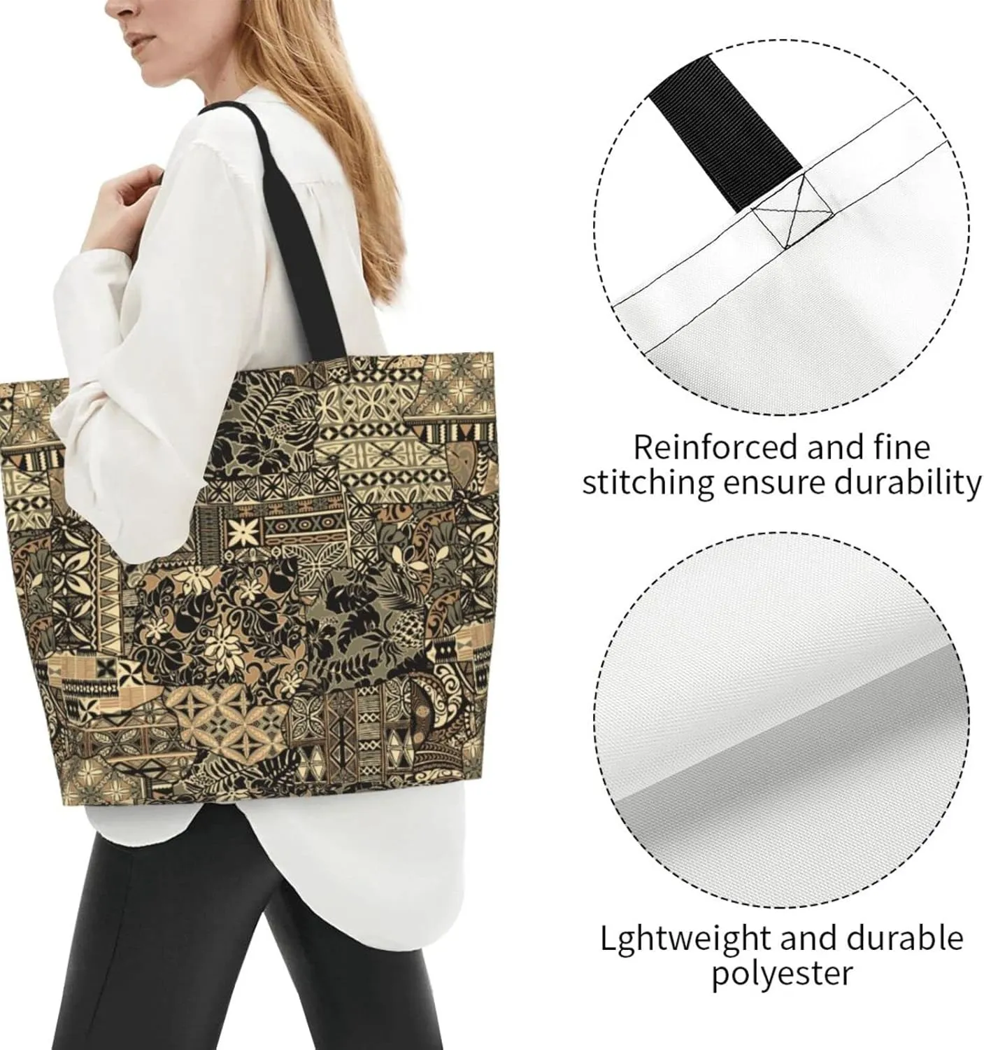ASYG Hawaiian Flower Tote Shoulder Bag Tribe Pattern Grocery Bags Storage Handle Shopping Bag