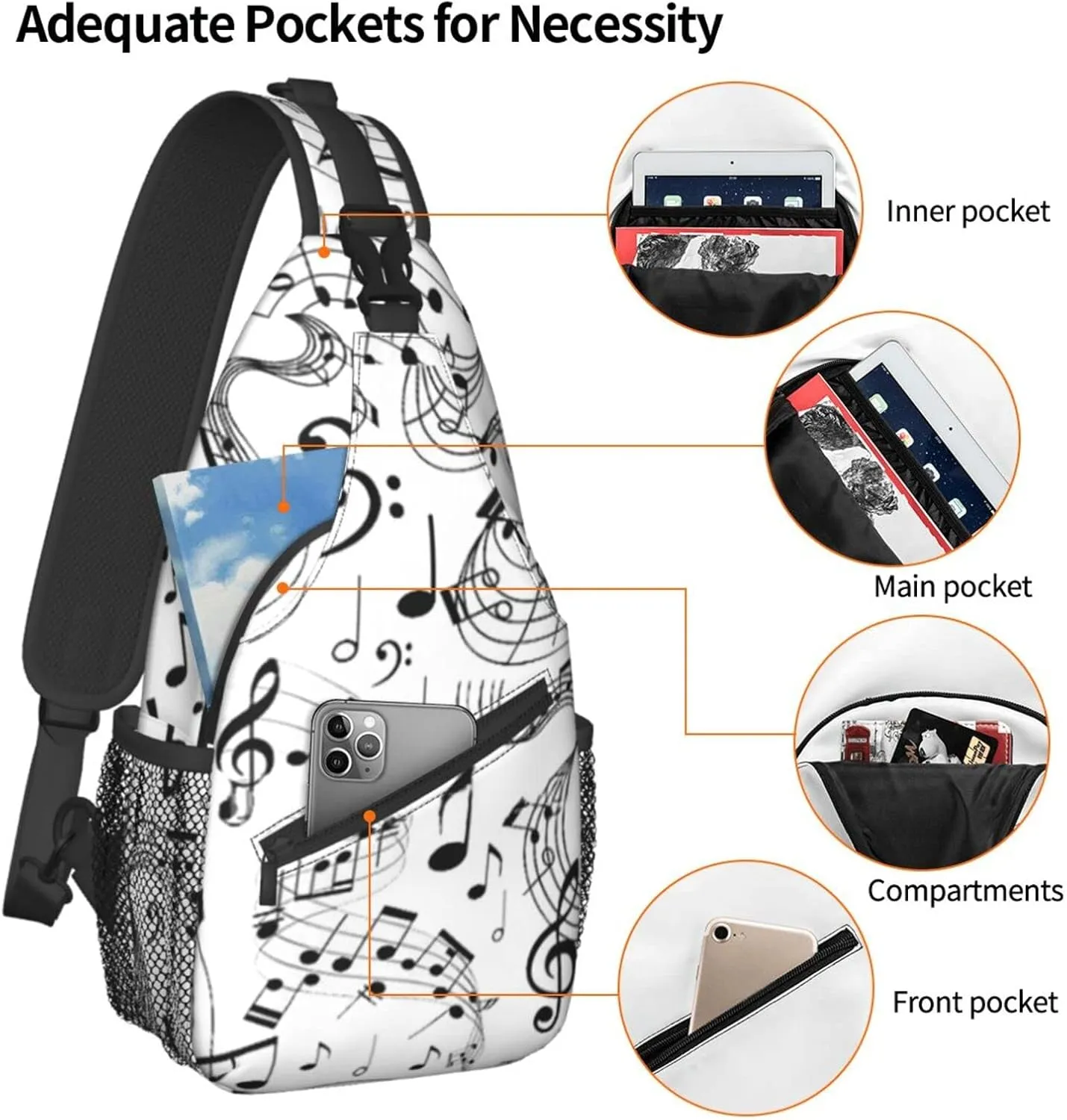 ASYG Music Sling Bag Crossbody Chest Daypack Casual Backpack Music Notes Shoulder Bag For Travel Hiking Sport Outdoor