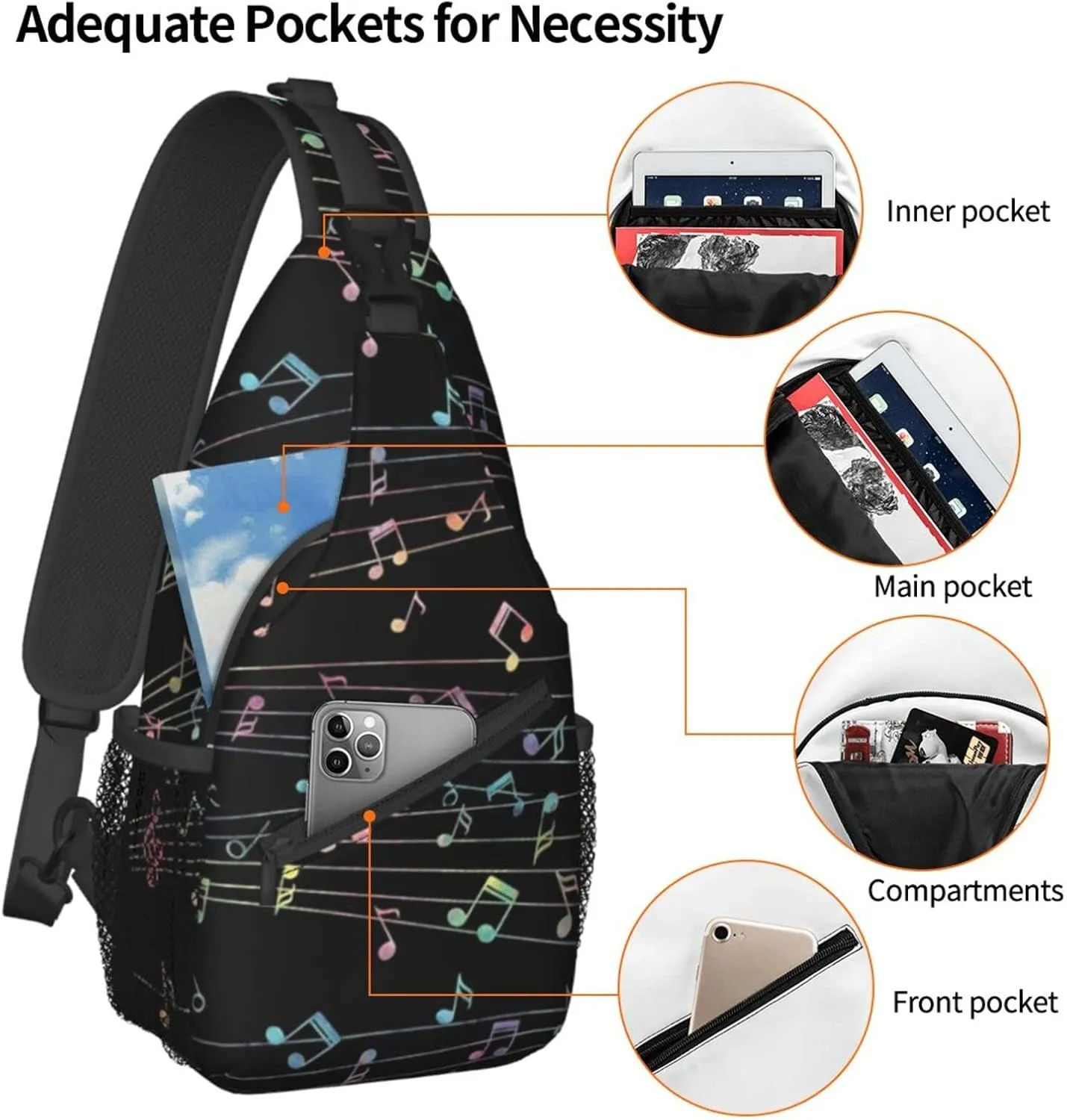 ASYG Music Sling Bag Crossbody Chest Daypack Casual Backpack Music Notes Shoulder Bag For Travel Hiking Sport Outdoor