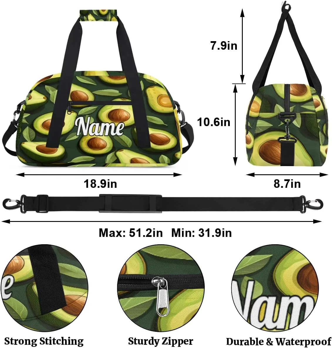 Avocado Fruit Pattern Personalized Dance Bag for Girls Boys Sport Duffel Bag with Your Name Kids Gymnastics Travel Bags