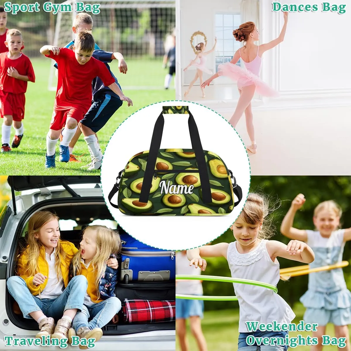 Avocado Fruit Pattern Personalized Dance Bag for Girls Boys Sport Duffel Bag with Your Name Kids Gymnastics Travel Bags