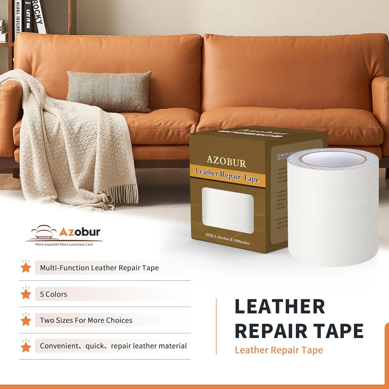 Azobur Leather Repair Tape Patch Leather Adhesive for Sofas, Car Seats, Handbags, Jackets,First Aid Patch 3.9''x15' (White Leather)