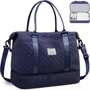 BAGAIL Travel Duffel Bag - Weekender & Overnight Gym Carry On Tote with Wet Pocket - Hospital Mom Bag for Labor and Delivery - Extra Large, Grid-Navy Blue