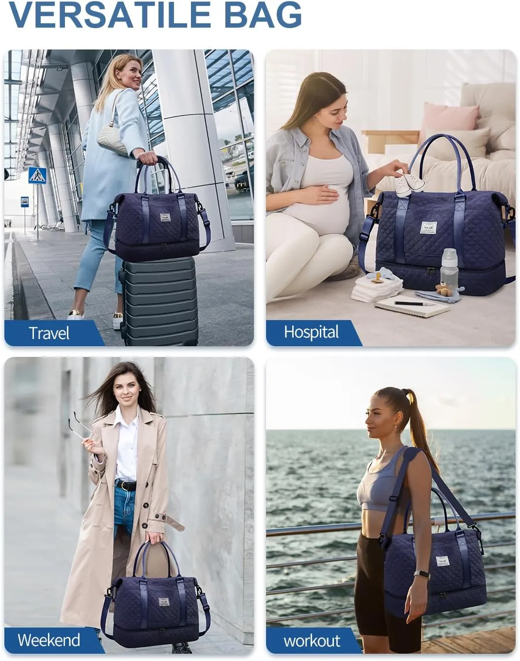 BAGAIL Travel Duffel Bag - Weekender & Overnight Gym Carry On Tote with Wet Pocket - Hospital Mom Bag for Labor and Delivery - Extra Large, Grid-Navy Blue