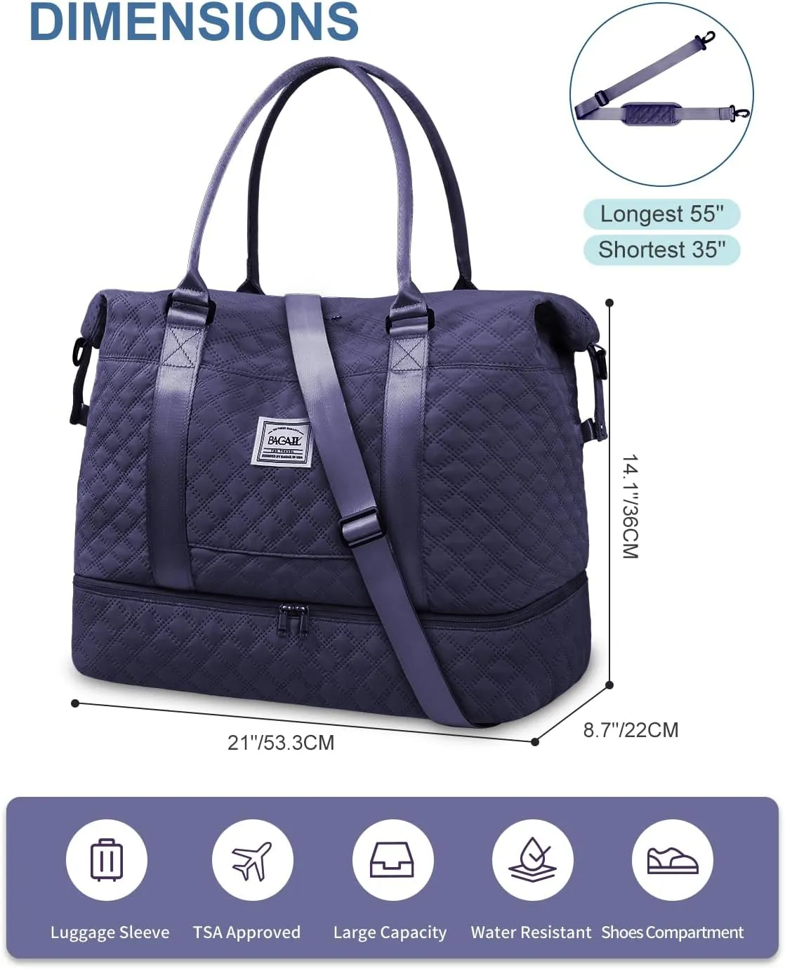 BAGAIL Travel Duffel Bag - Weekender & Overnight Gym Carry On Tote with Wet Pocket - Hospital Mom Bag for Labor and Delivery - Extra Large, Grid-Navy Blue