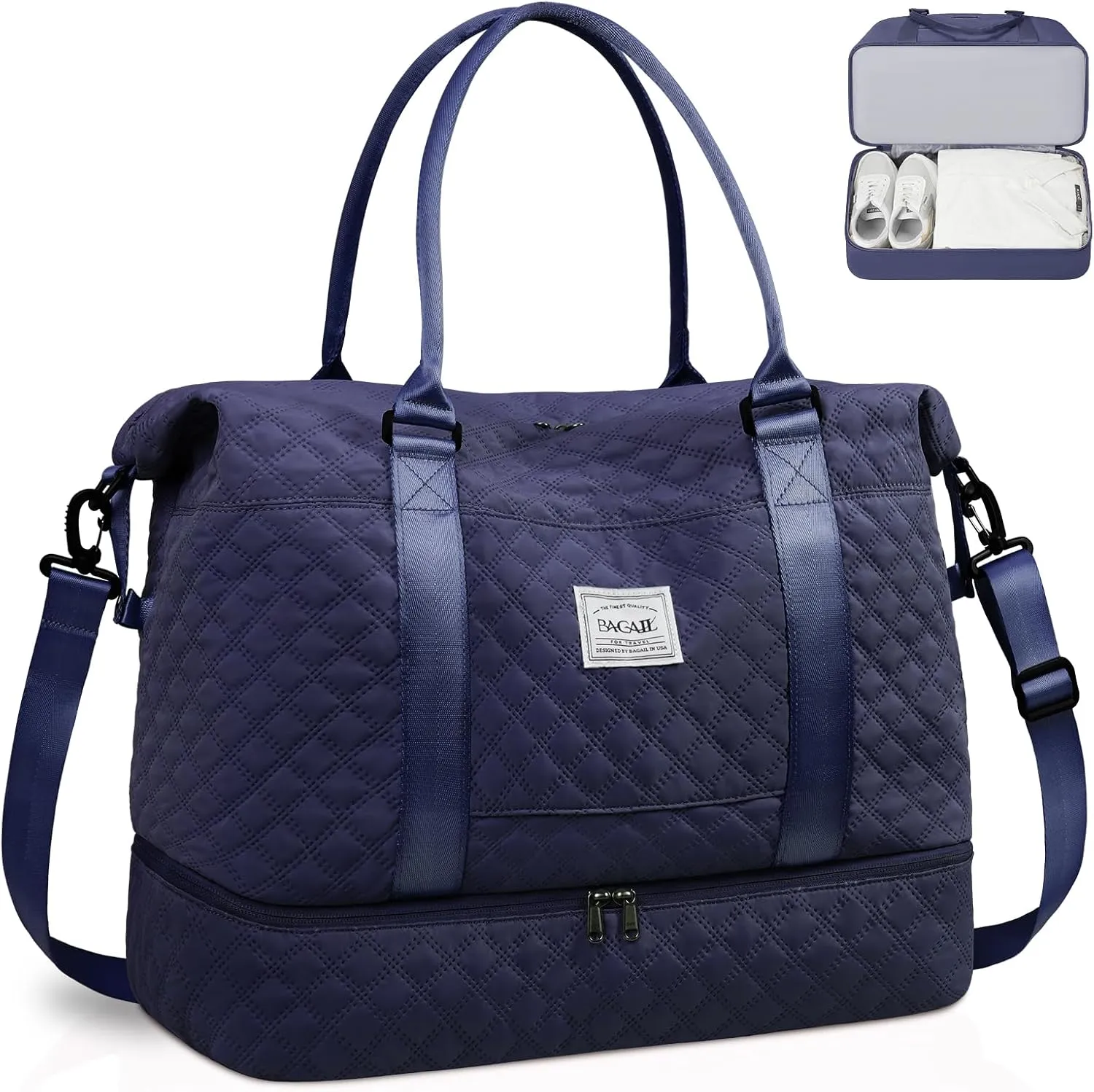 BAGAIL Travel Duffel Bag - Weekender & Overnight Gym Carry On Tote with Wet Pocket - Hospital Mom Bag for Labor and Delivery - Extra Large, Grid-Navy Blue
