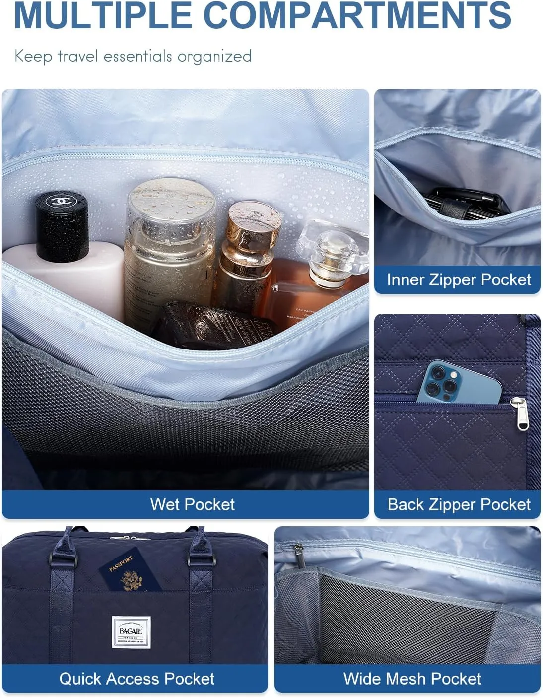 BAGAIL Travel Duffel Bag - Weekender & Overnight Gym Carry On Tote with Wet Pocket - Hospital Mom Bag for Labor and Delivery - Extra Large, Grid-Navy Blue