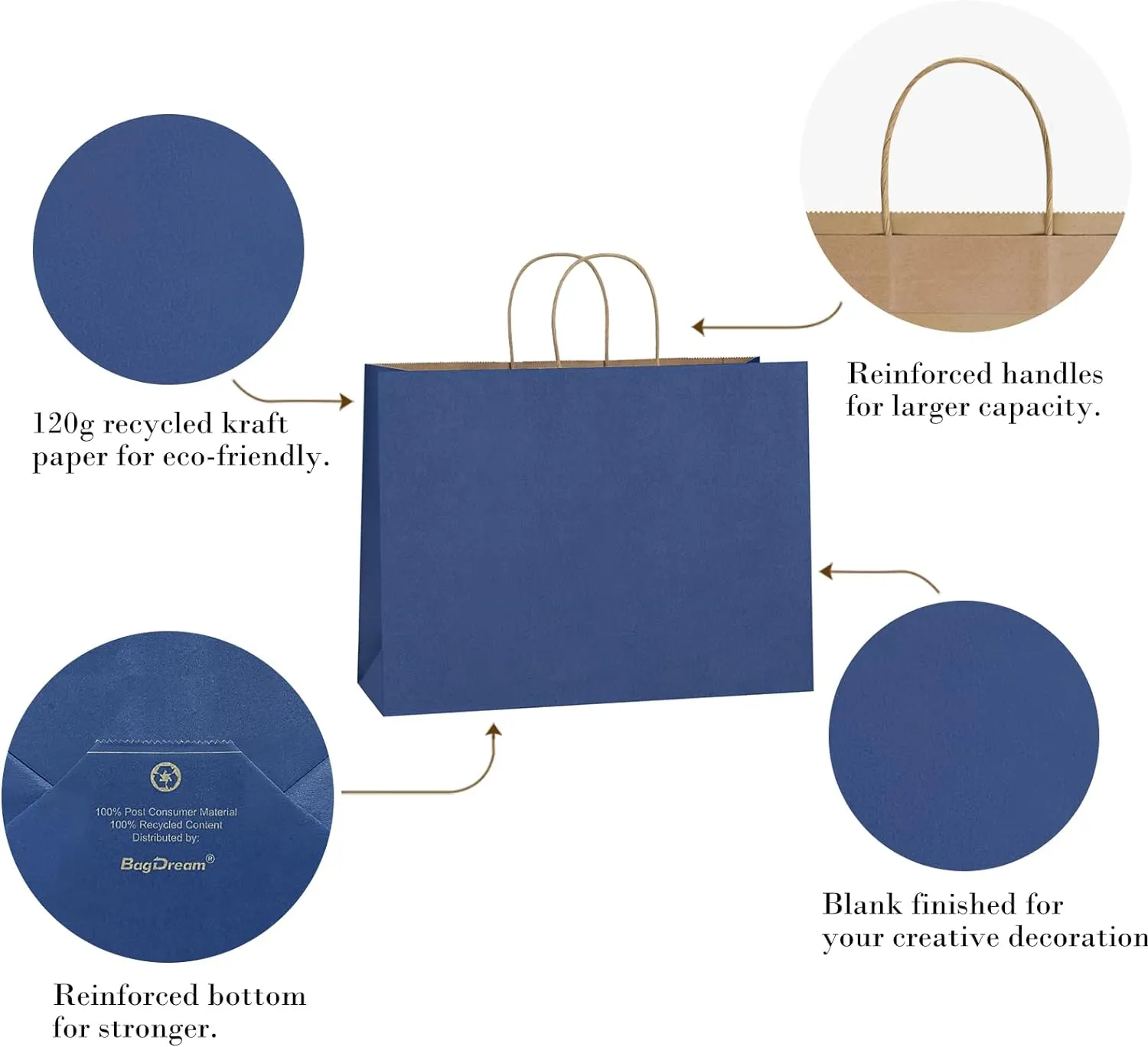 BagDream 16x6x12 Inches 50Pcs Kraft Paper Bags with Handles Bulk, Large Gift Bags for Shopping, Grocery, Retai, Merchandise, Party Favor Gifts, Recyclable Navy Blue Paper Sacks